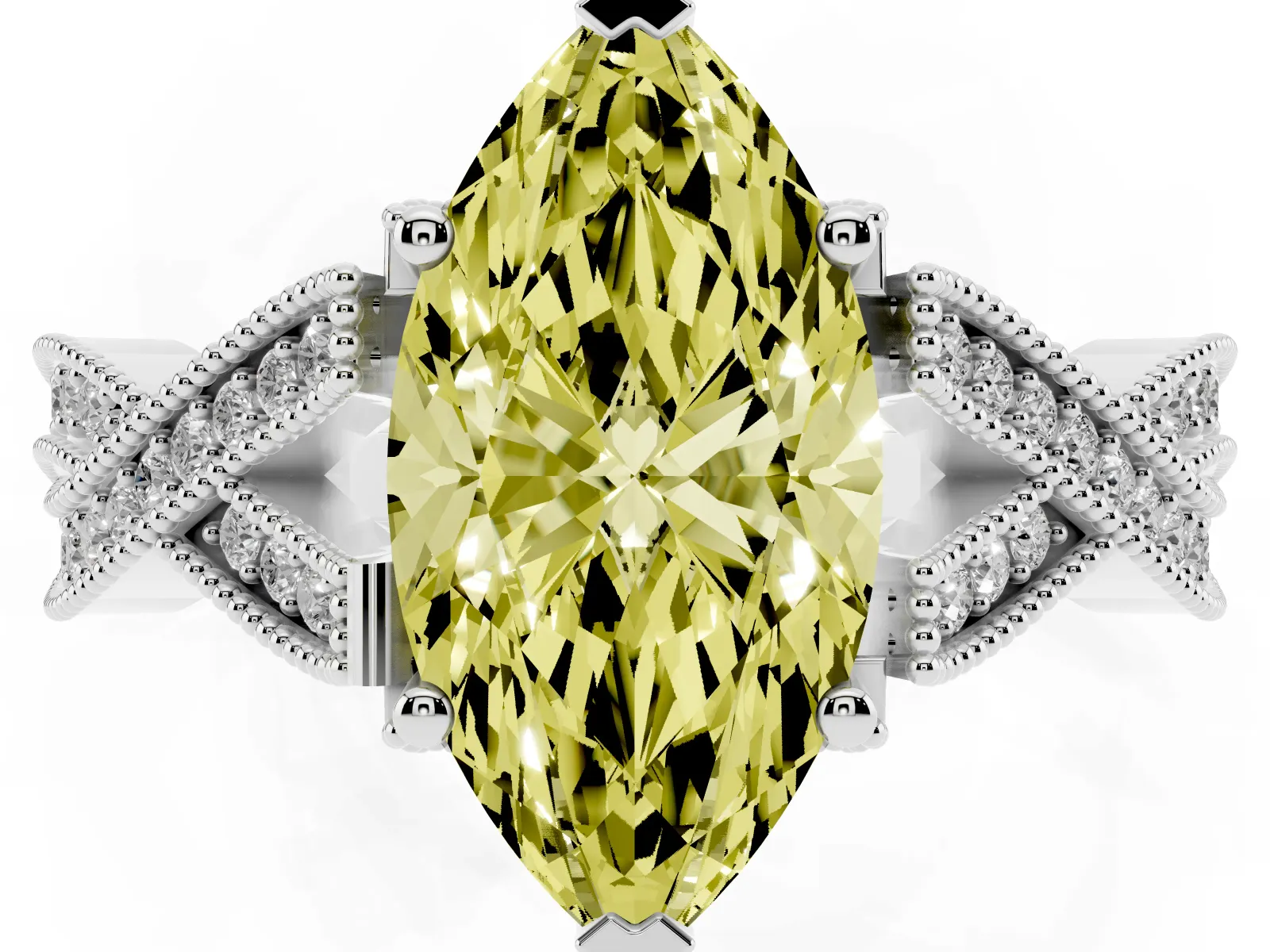 Fancy Yellow Marquise Cut Cut Diamond Twisted Band with Milgrain Pave Setting and Four-Prong Setting Platinum
