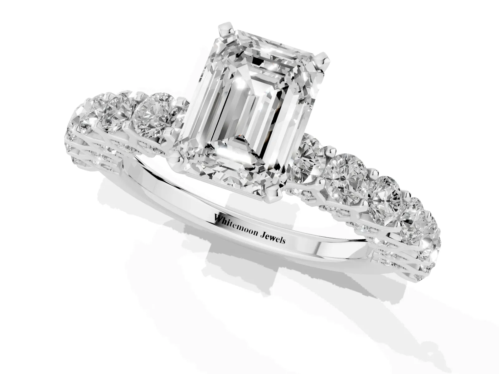 Emerald Cut Diamond Solitaire Ring with Shared Prong Pavé Band and Four-Prong Setting White gold