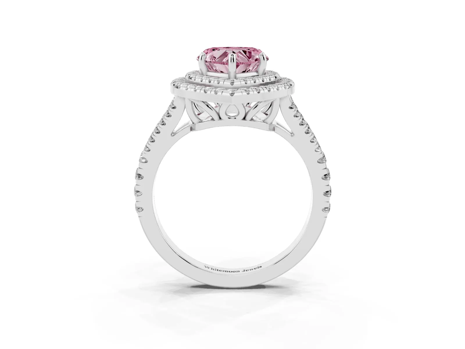 Fancy Pink Heart Cut Diamond Double Halo Ring with Pavé Band and Prong Setting Platinum
