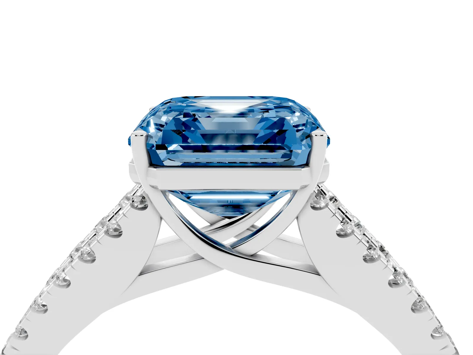 Fancy Blue Asscher Cut Diamond Split Shank Engagement Ring with Round Pavé and Prong Setting White gold
