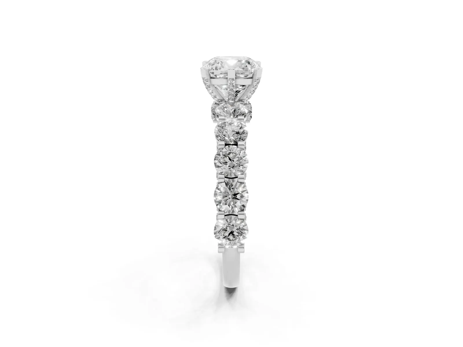 Cushion Cut Diamond Side Stone Engagement Ring with Four-Prong Setting White gold