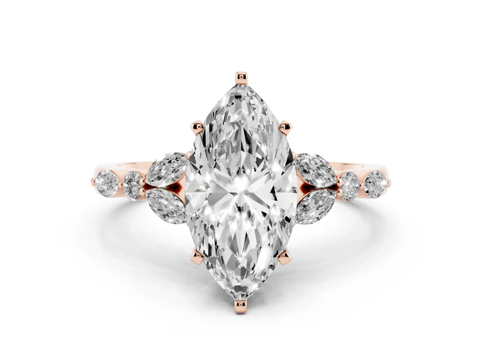 Marquise Cut Diamond Solitaire Ring with Side Stones and Four-Prong Setting Rose gold