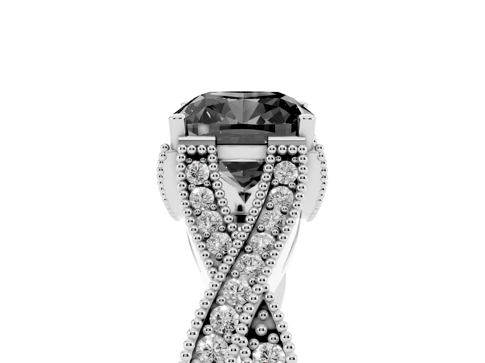 Fancy Black Cushion Cut Cut Diamond Twisted Band with Milgrain Pave Setting and Four-Prong Setting Platinum