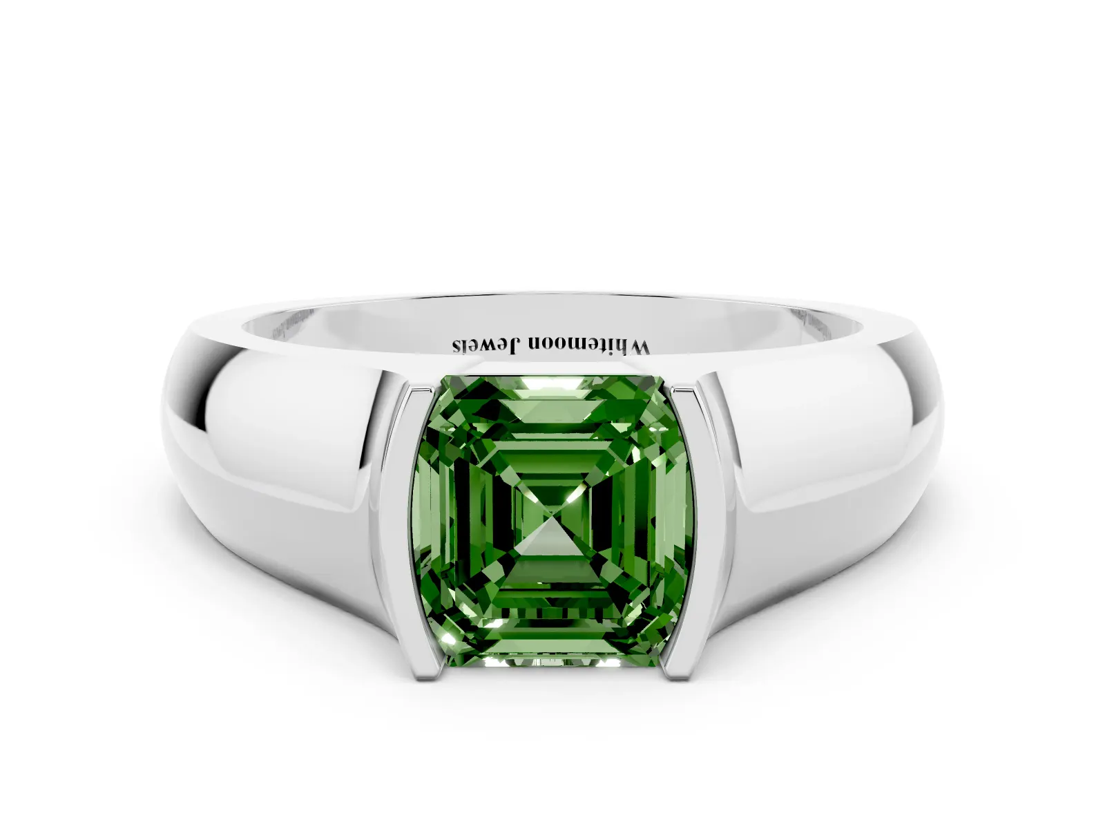 Fancy Green Asscher Cut Solitaire Bezel Set Diamond Ring with Wide Band Platinum