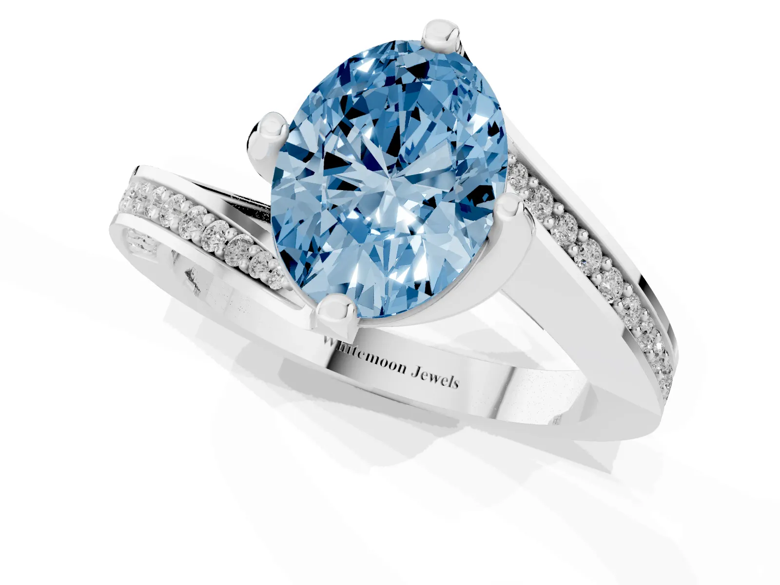 Fancy Blue Oval Cut Solitaire Diamond Twist Band with Pavé Setting and Four-Prong Setting Platinum