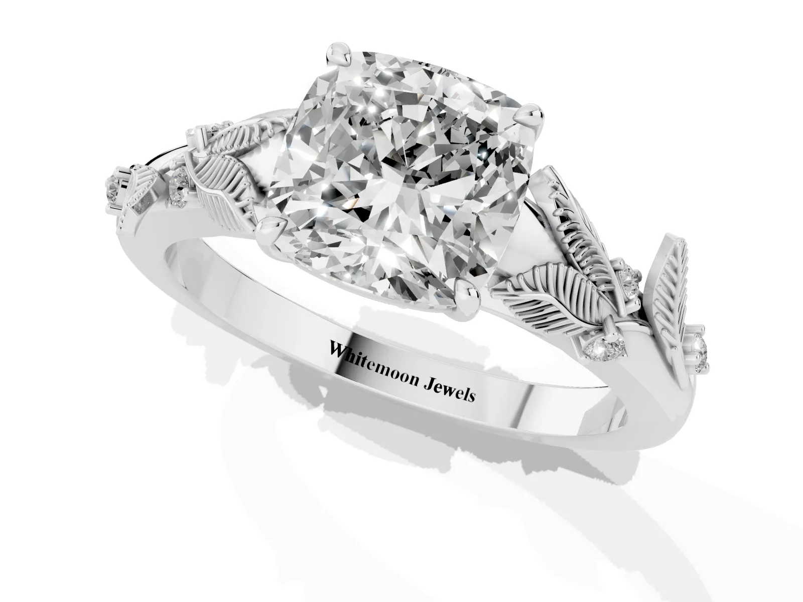 Cushion Cut Diamond Solitaire Ring with Leaf Motif Band and Four-Prong Setting Platinum