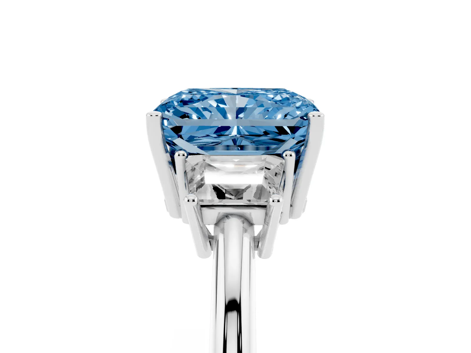 Fancy Blue Radiant Cut Diamond Three-Stone Ring with Trapezoid Side Stones and Prong Setting Platinum