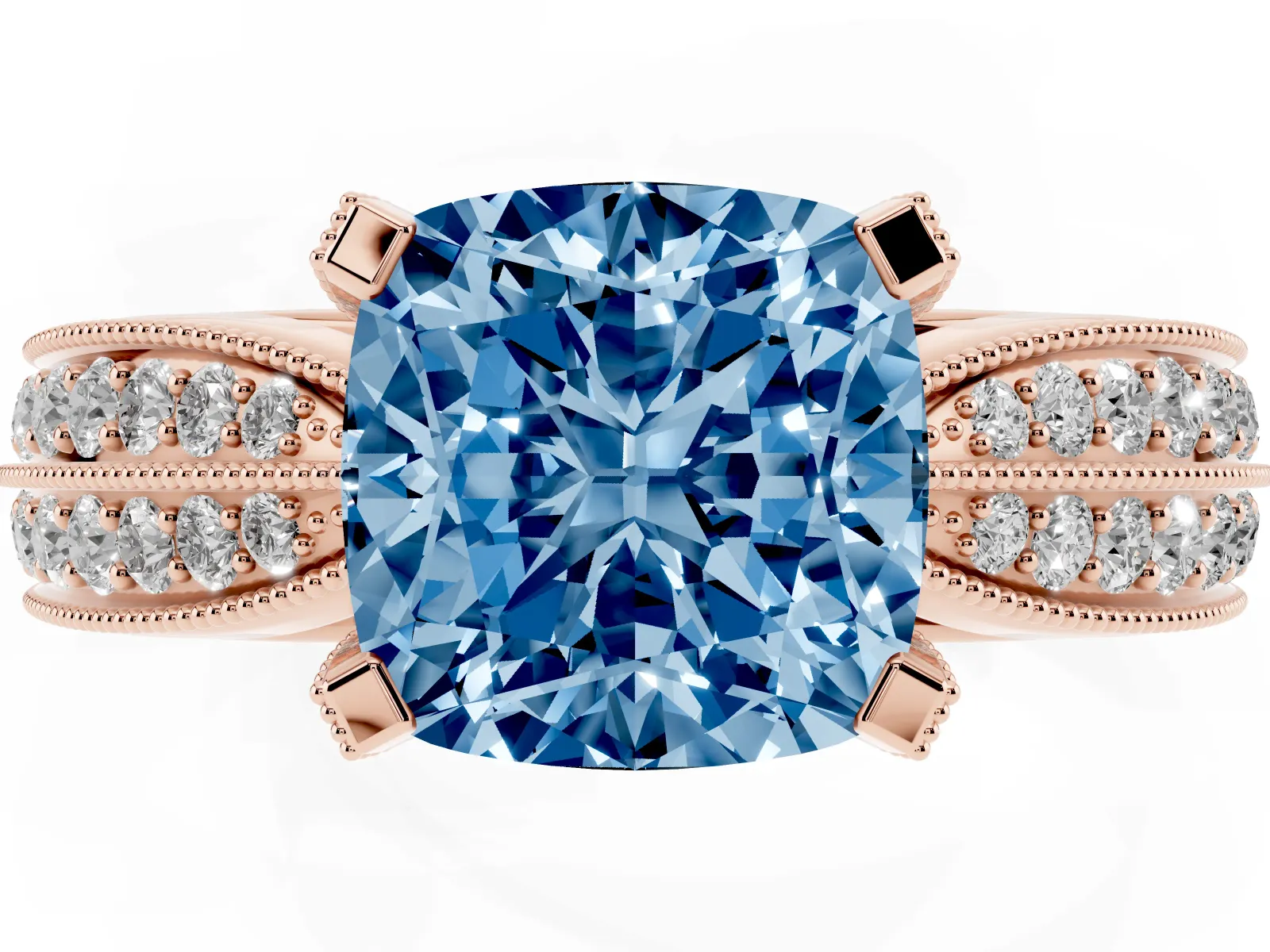 Fancy Blue Cushion Cut Diamond Solitaire Ring with Milgrain Round Pavé Band and Prong Setting Rose gold