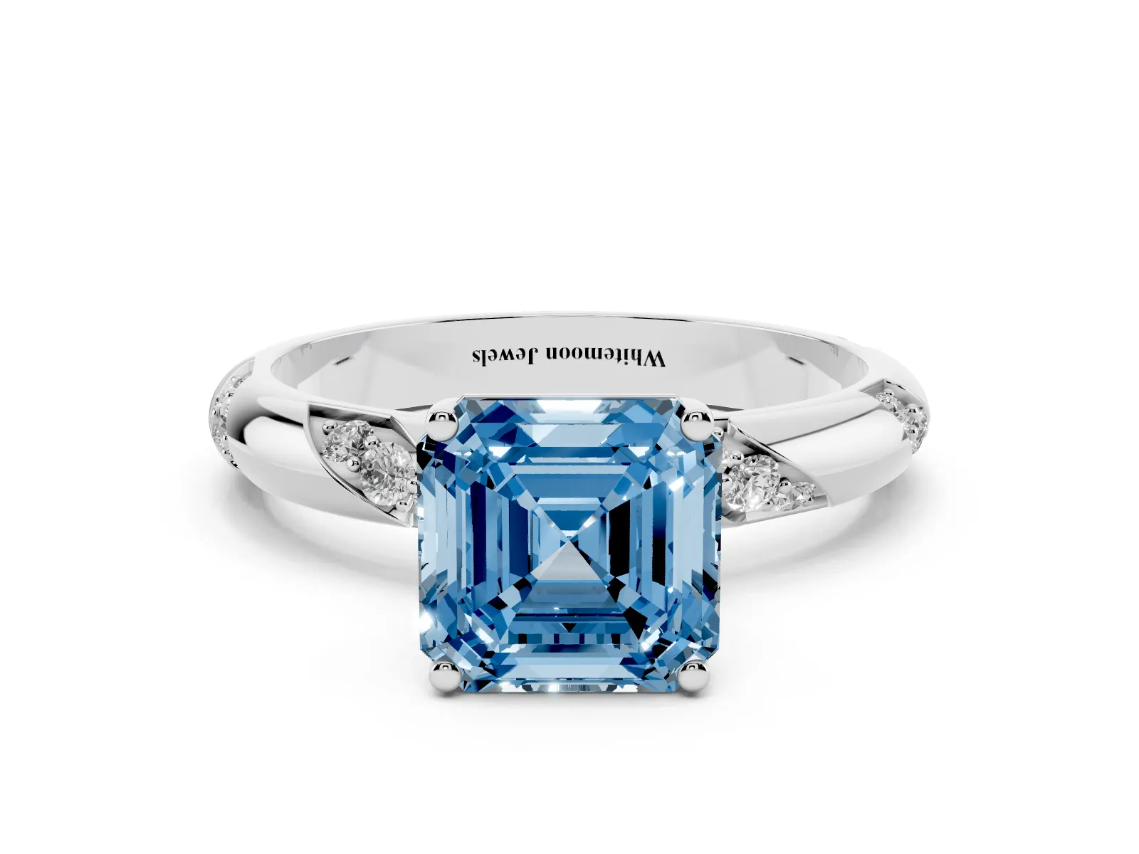 Fancy Blue Asscher Cut Diamond Solitaire Engagement Ring with Twisted Round Accent Band and Prong Setting Platinum