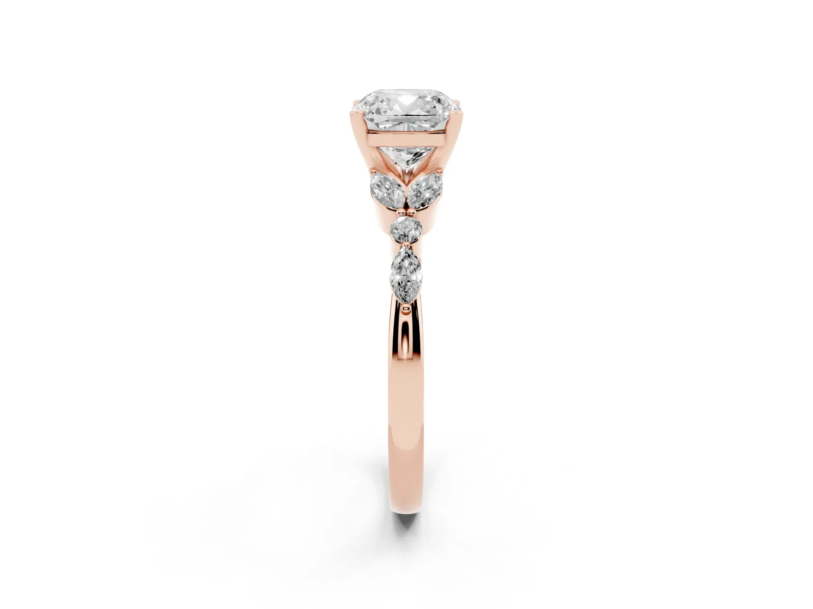 Cushion Cut Diamond Solitaire Ring with Side Stones and Four-Prong Setting Rose gold