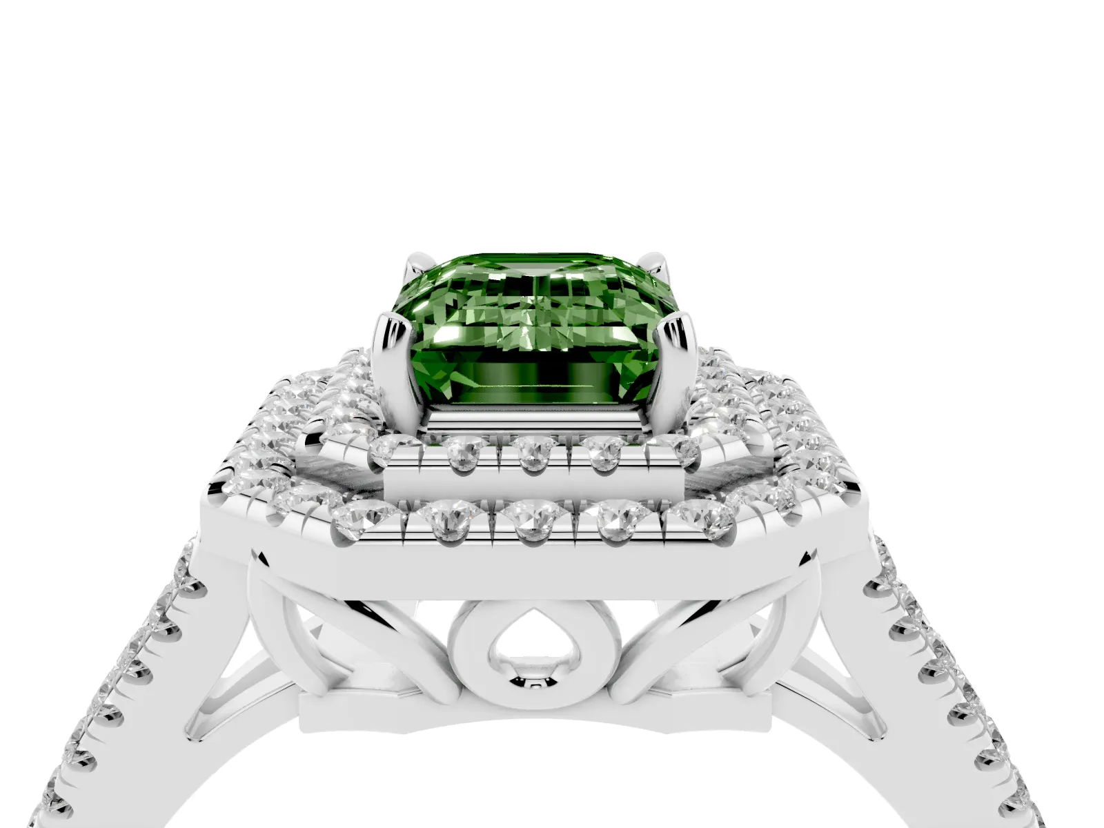 Fancy Green Emerald Cut Diamond Double Halo Ring with Pavé Band and Prong Setting Platinum