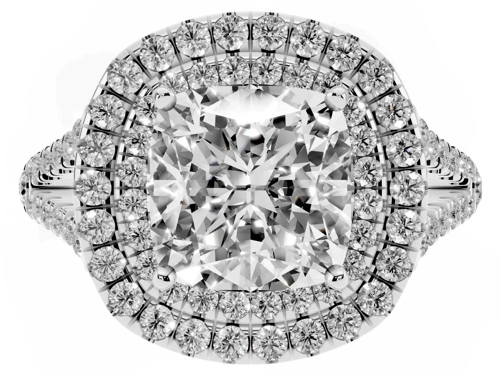 Cushion Cut Diamond Double Halo Ring with Pavé Band and Prong Setting Platinum