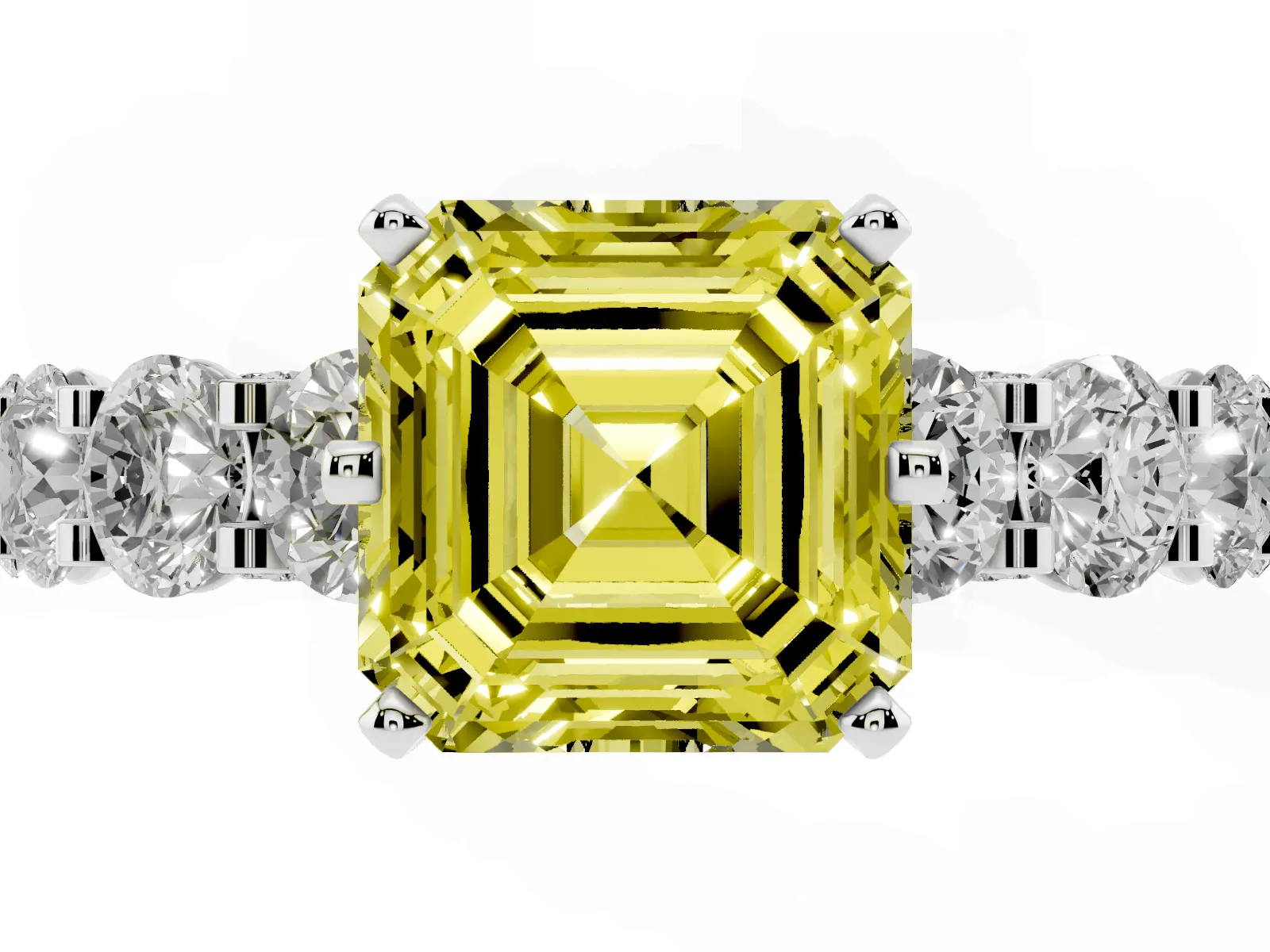 Fancy Yellow Asscher Cut Diamond Side Stone Engagement Ring with Four-Prong Setting White gold
