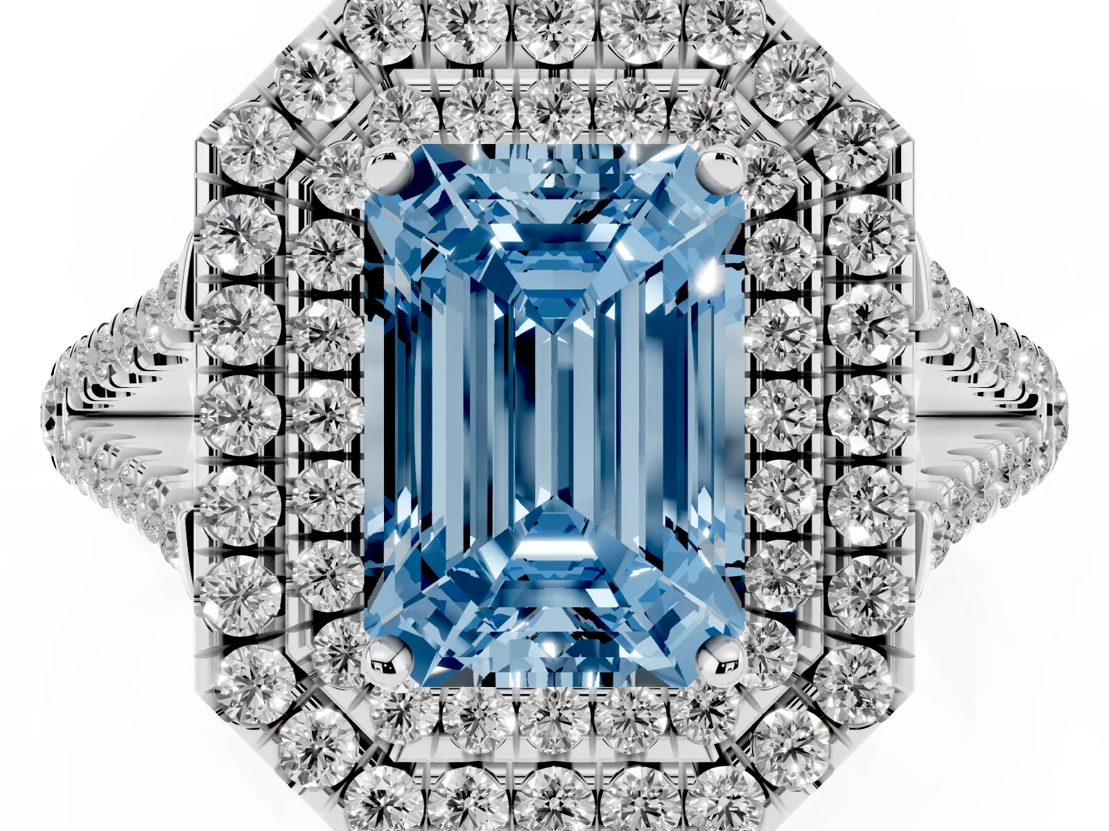 Fancy Blue Emerald Cut Diamond Double Halo Ring with Pavé Band and Prong Setting Platinum