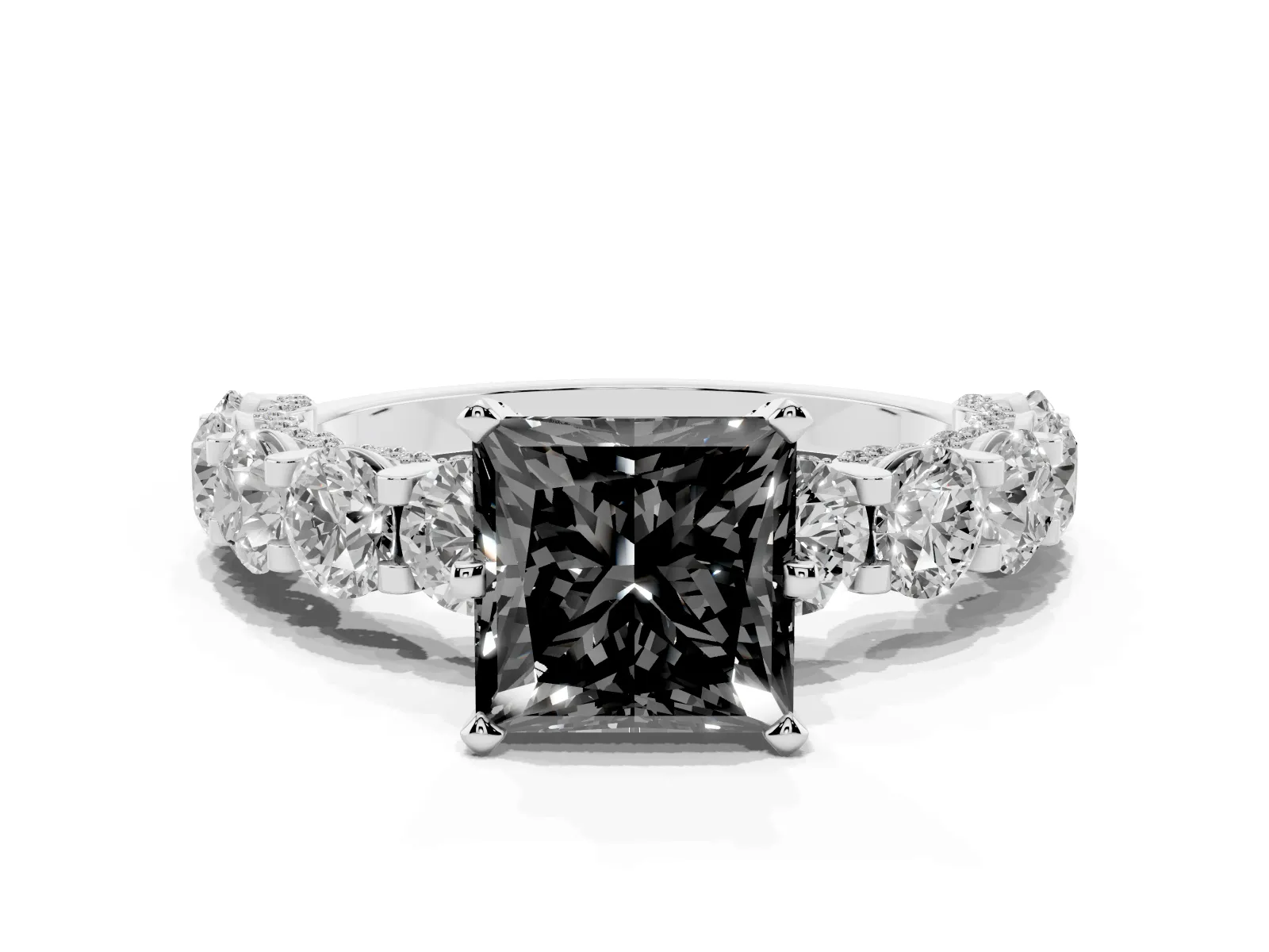Fancy Black Princess Cut Diamond Side Stone Engagement Ring with Four-Prong Setting Platinum