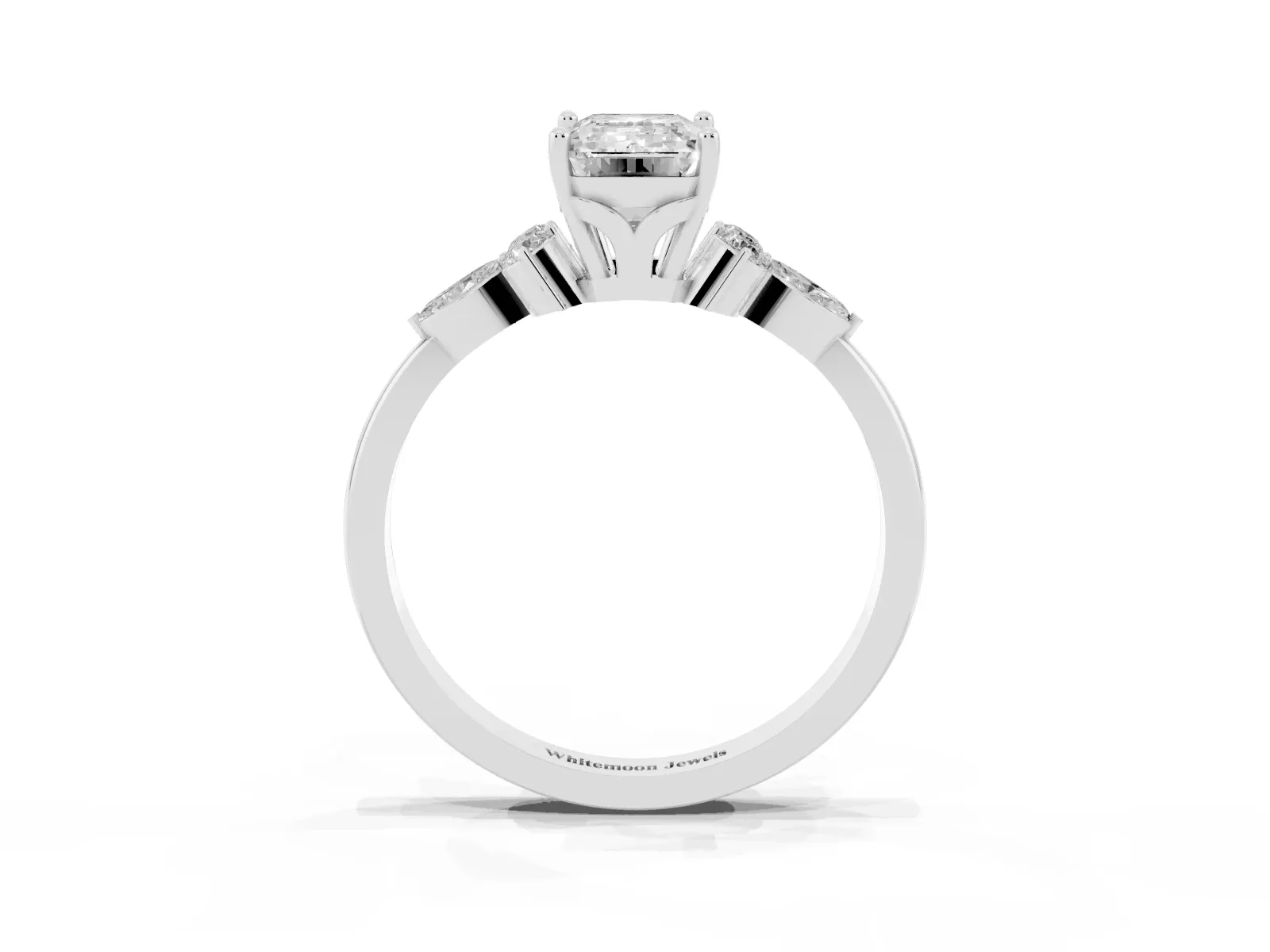 Emerald Cut Brilliant Diamond Solitaire Ring with Pear Side Stones and Four-Prong Setting Platinum
