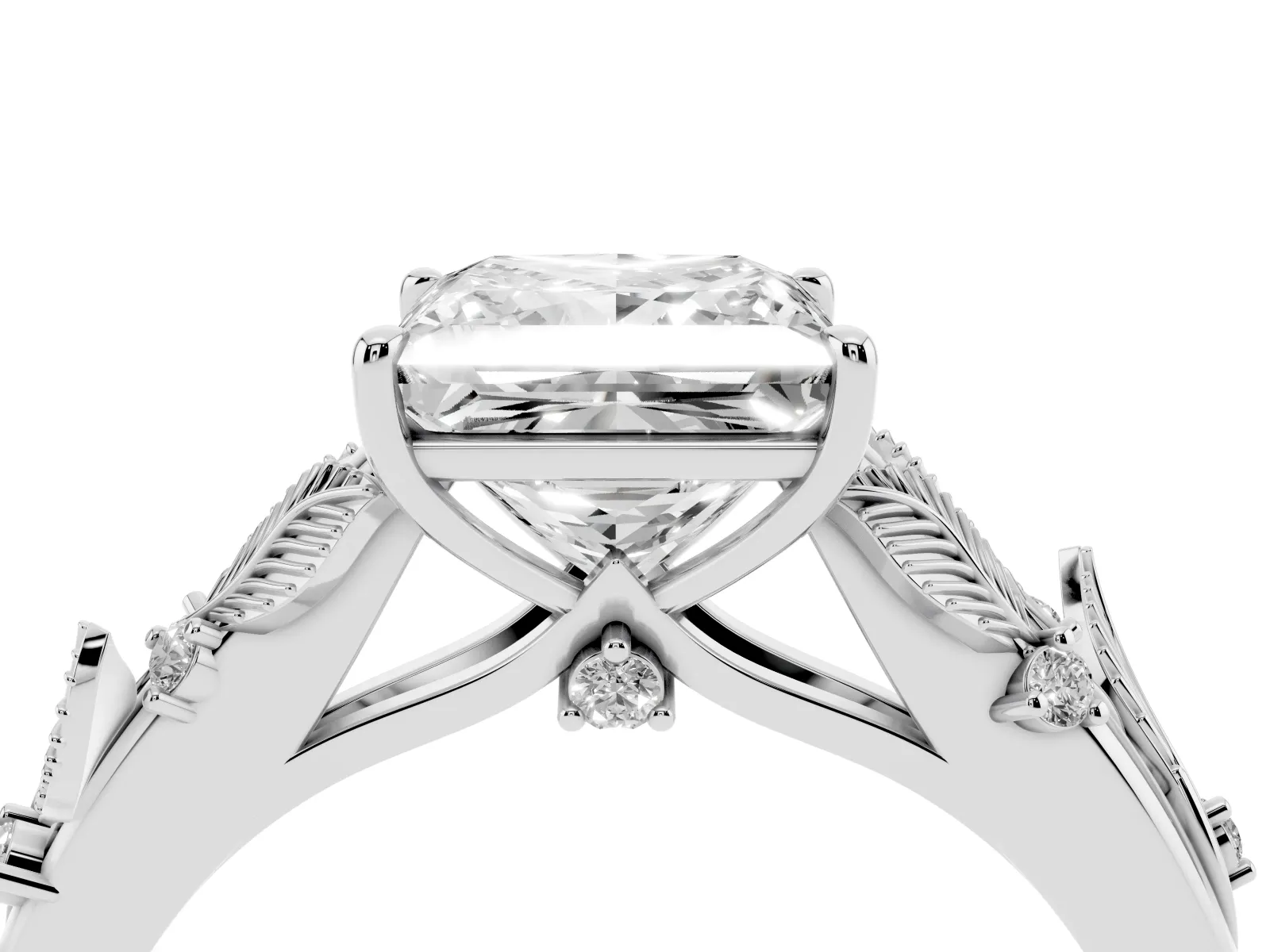 Princess Cut Diamond Solitaire Ring with Leaf Motif Band and Four-Prong Setting Platinum