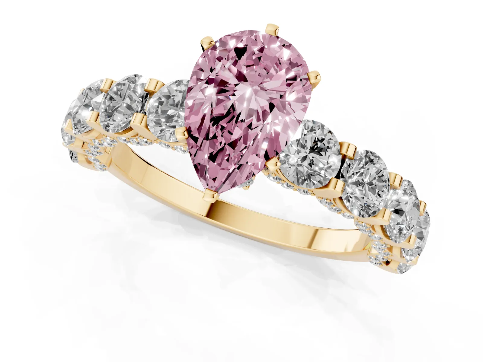 Fancy Pink Pear Cut Diamond Side Stone Engagement Ring with Four-Prong Setting Yellow gold
