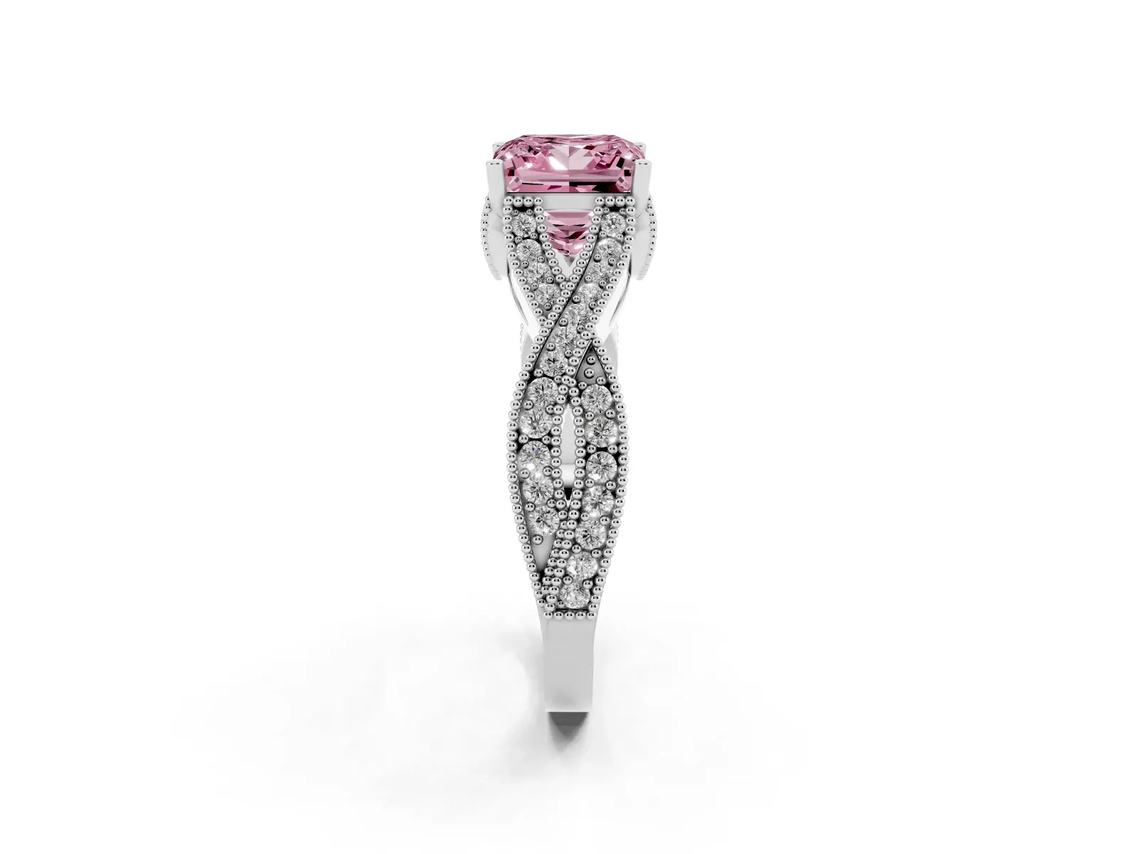 Fancy Pink Princess Cut Cut Diamond Twisted Band with Milgrain Pave Setting and Four-Prong Setting Platinum