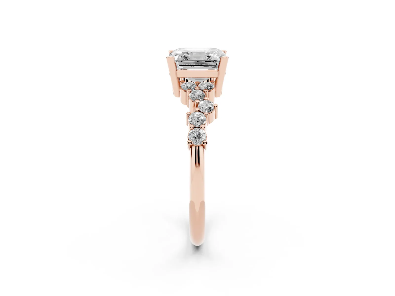 Asscher Cut Diamond Scattered Round Accent Ring with Prong Setting Rose gold