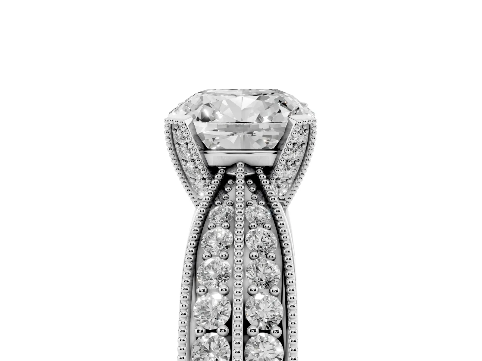 Cushion Cut Diamond Solitaire Ring with Milgrain Round Pavé Band and Prong Setting Platinum