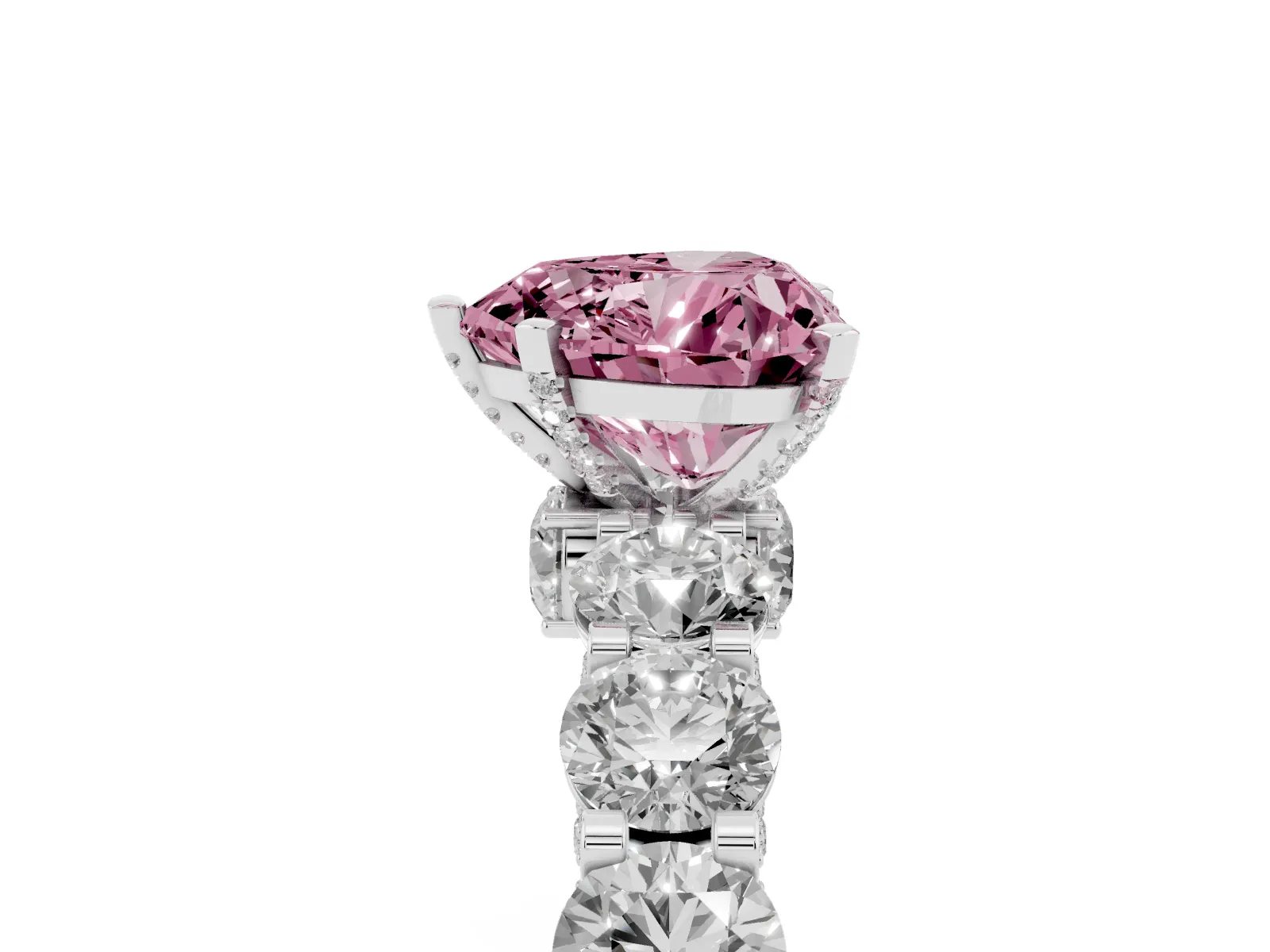 Fancy Pink Heart Cut Diamond Side Stone Engagement Ring with Four-Prong Setting Platinum