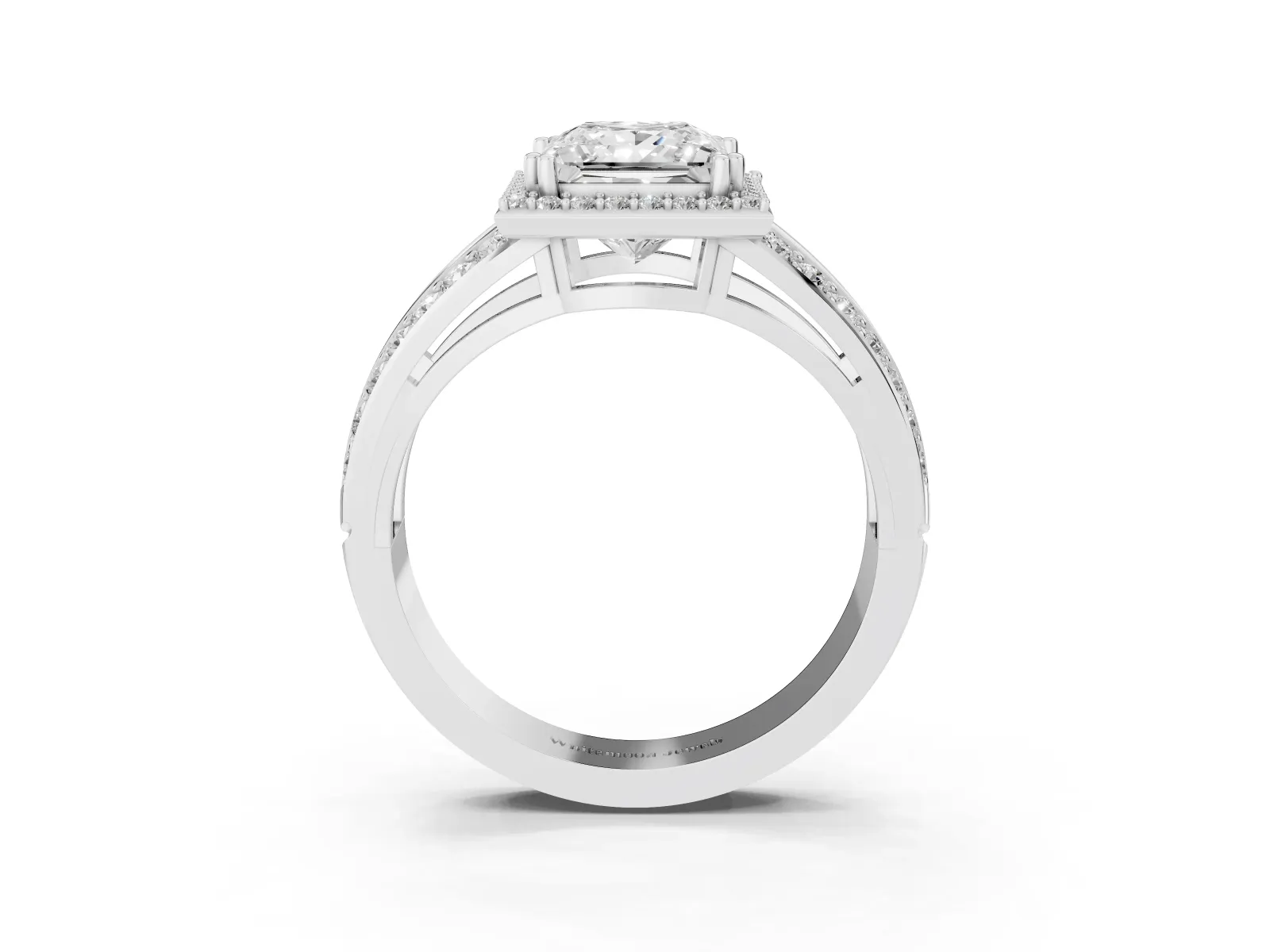 Princess Cut Diamond Halo Ring with Split Shank Pavé Band and Four-Prong Setting Platinum