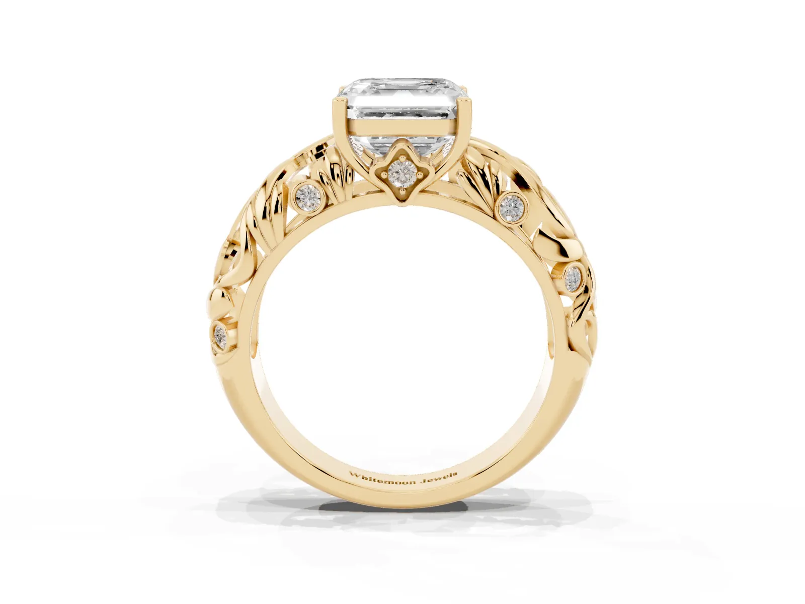 Asscher Cut Solitaire Diamond Leaf-Inspired Vine Band Ring with Prong Setting Yellow gold