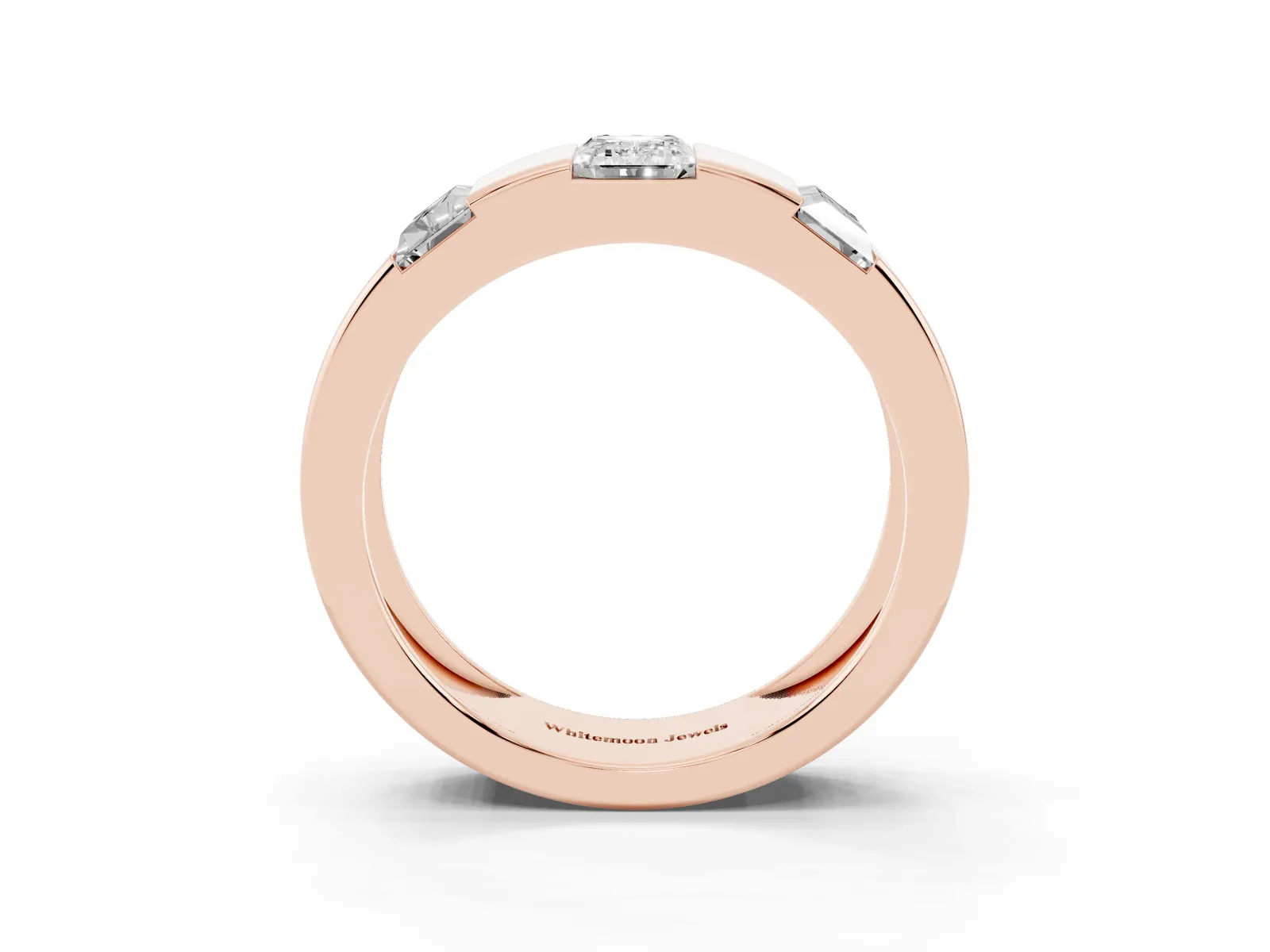 Emerald Cut Diamond Three-Stone Mens Ring with Baguette Side Stones Rose gold