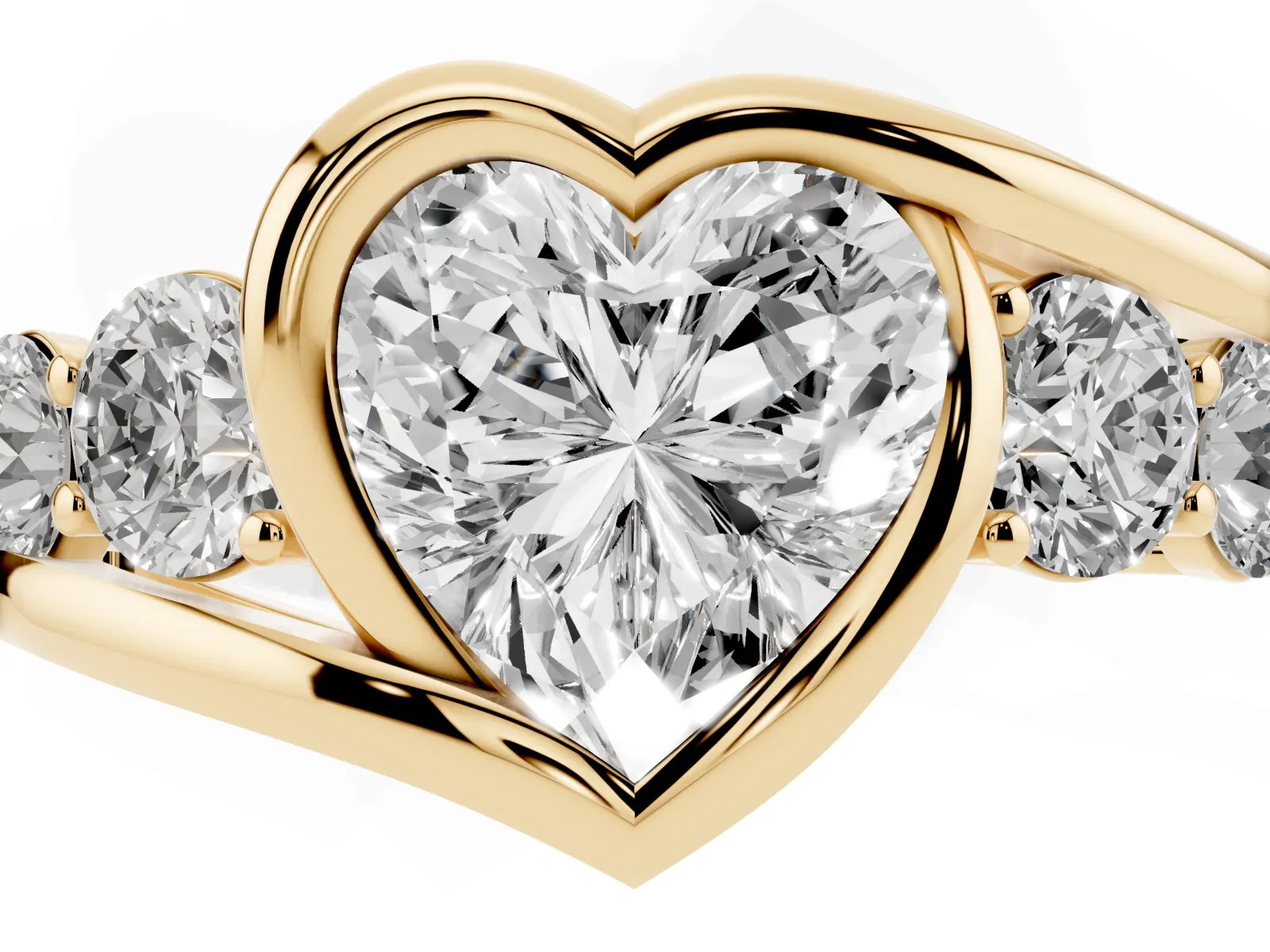 Bezel Set Heart Cut Diamond Bypass Ring with Round Accents Yellow gold
