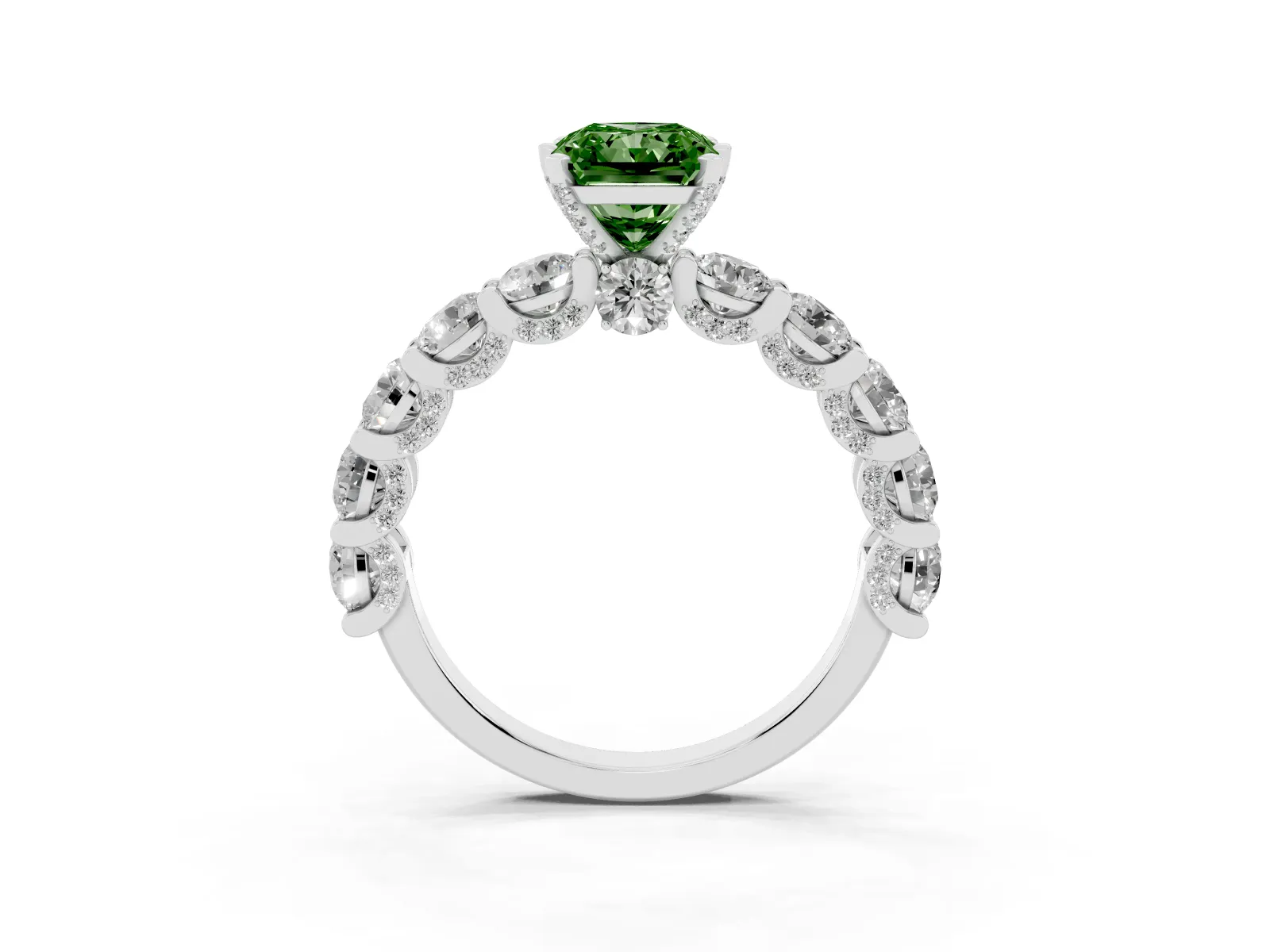 Fancy Green Radiant Cut Diamond Side Stone Engagement Ring with Four-Prong Setting Platinum