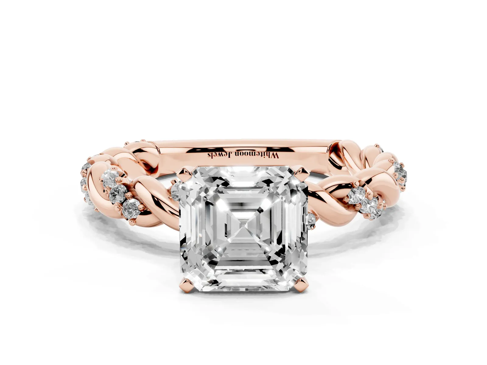 Asscher Cut Diamond Solitaire Ring with Twisted Band and Pavé Accents Rose gold