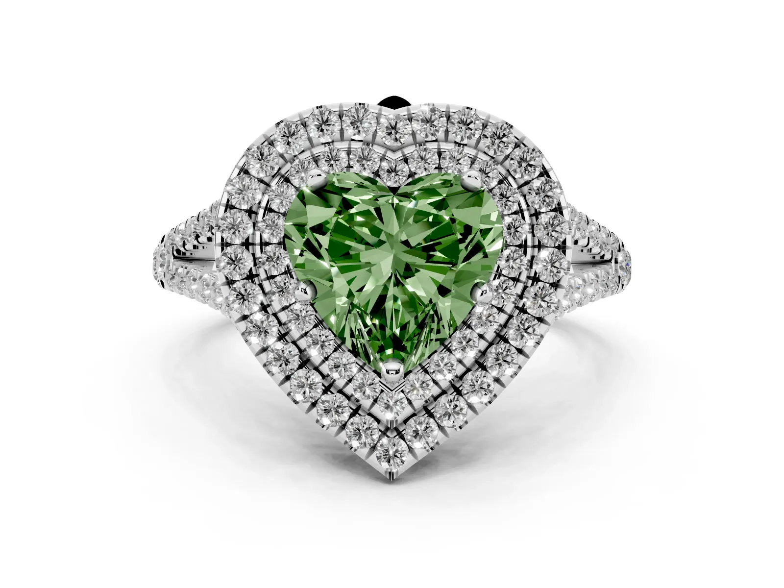 Fancy Green Heart Cut Diamond Double Halo Ring with Pavé Band and Prong Setting Platinum