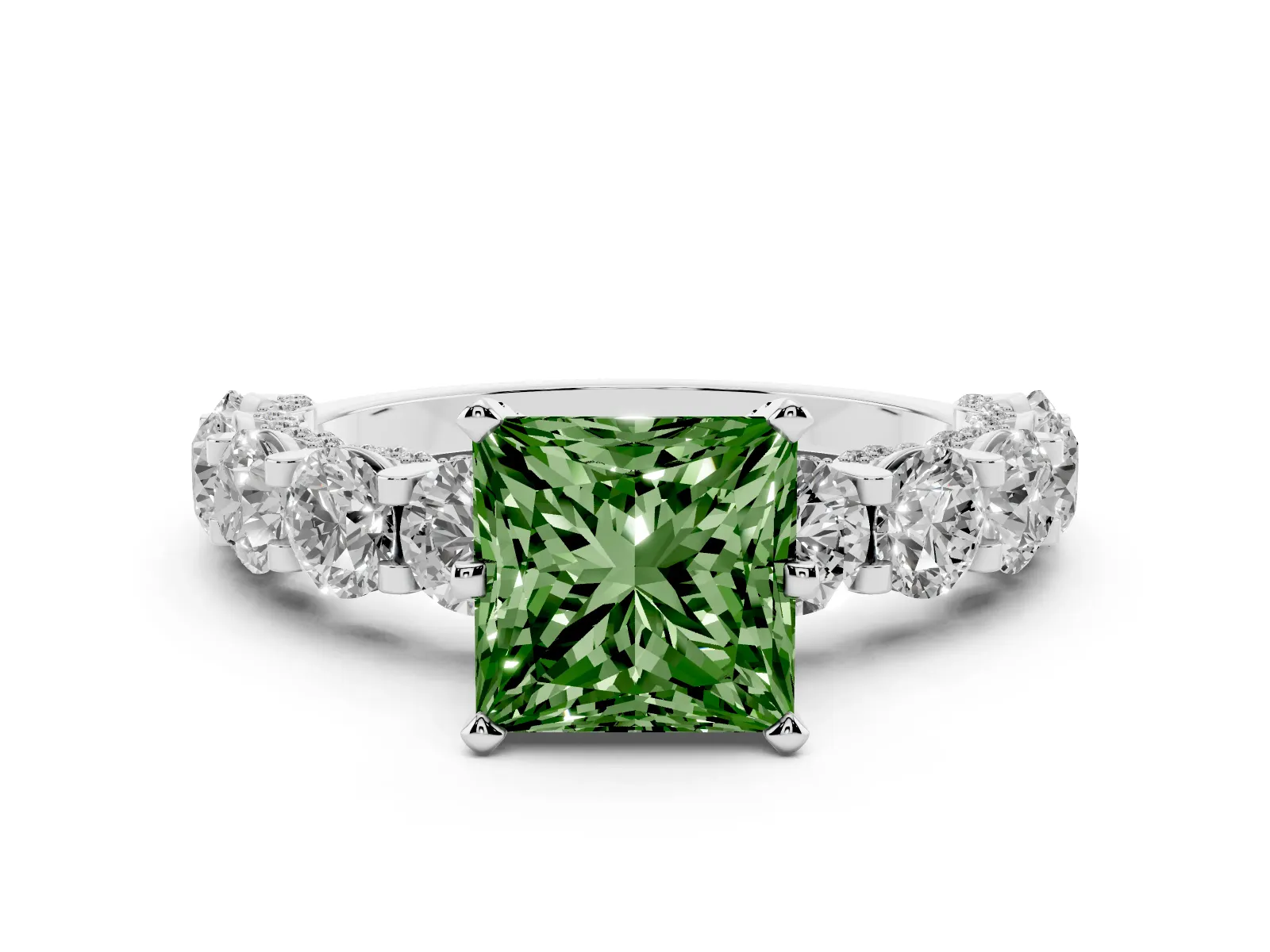 Fancy Green Princess Cut Diamond Side Stone Engagement Ring with Four-Prong Setting Platinum