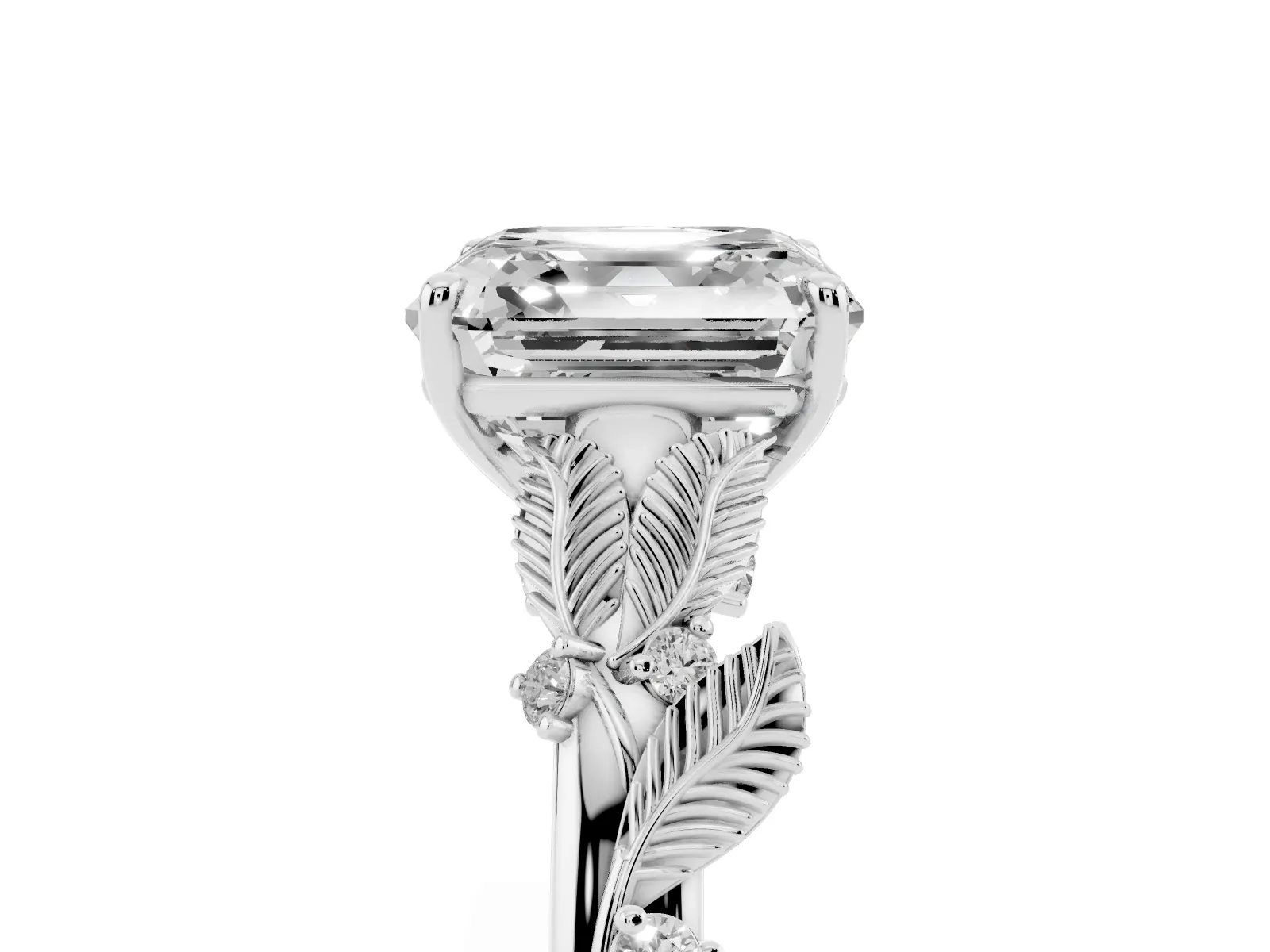 Asscher Cut Diamond Solitaire Ring with Leaf Motif Band and Four-Prong Setting White gold