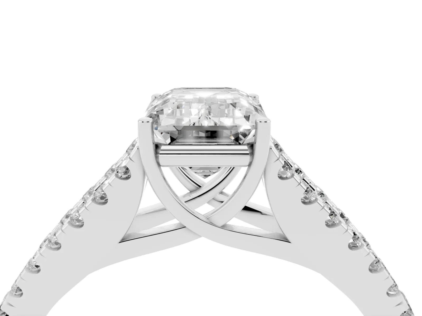 Emerald Cut Diamond Split Shank Engagement Ring with Round Pavé and Prong Setting White gold