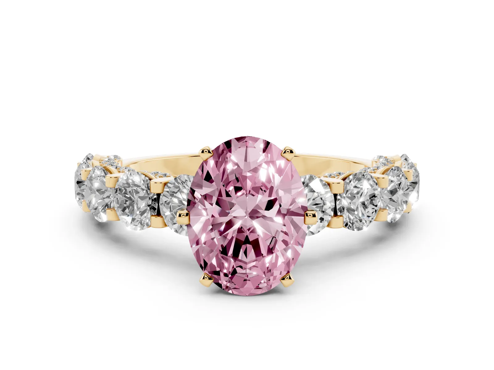 Fancy Pink Oval Cut Diamond Side Stone Engagement Ring with Four-Prong Setting Yellow gold