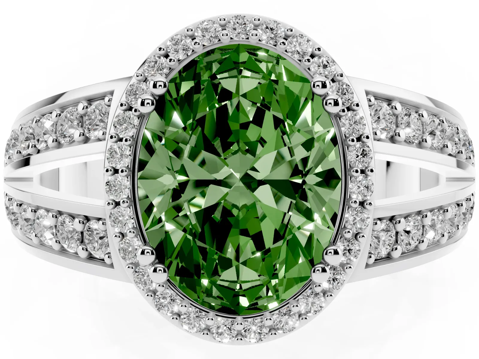 Fancy Green Oval Cut Diamond Halo Ring with Split Shank Pavé Band and Four-Prong Setting White gold