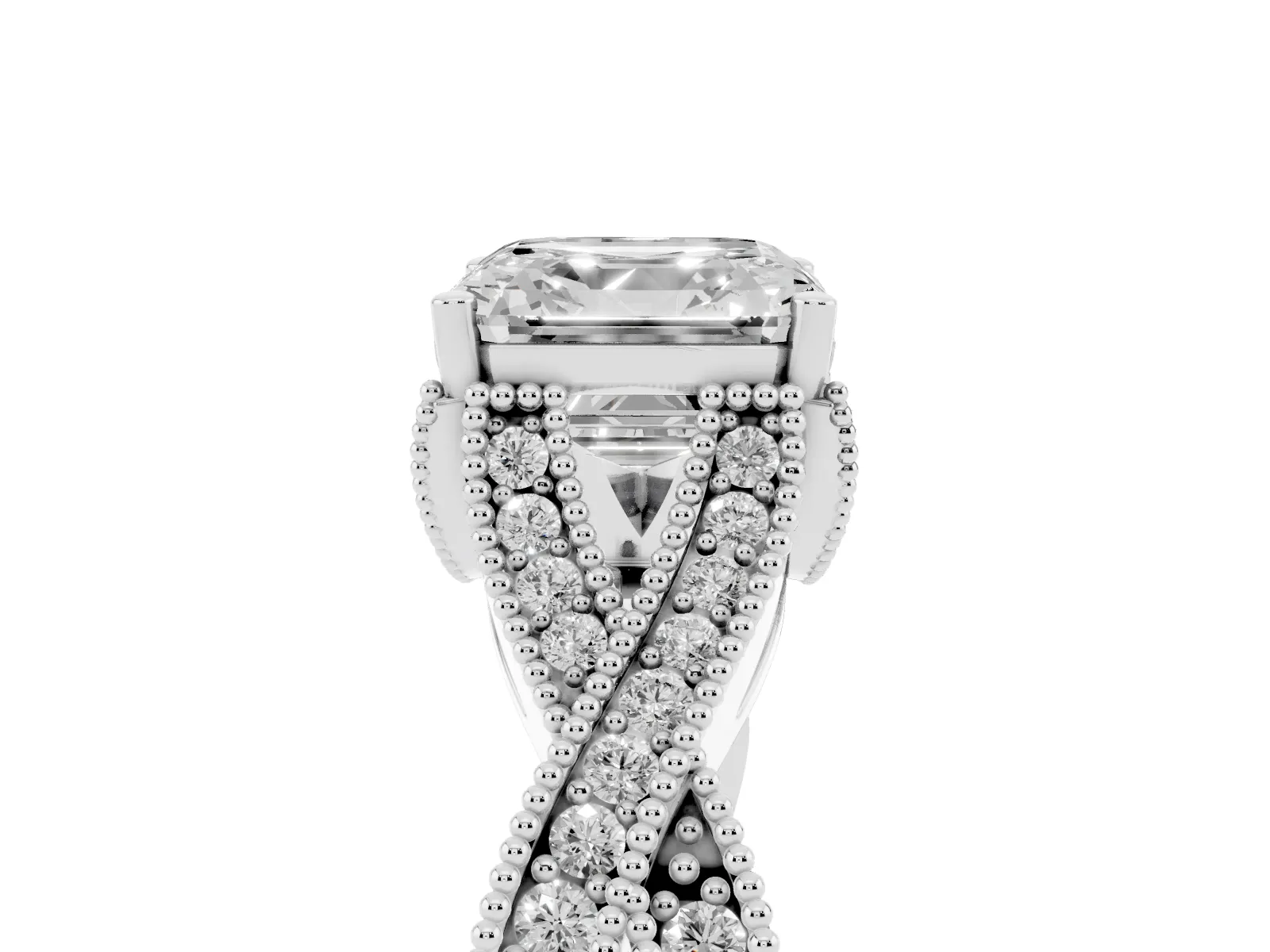 Asscher Cut Cut Diamond Twisted Band with Milgrain Pave Setting and Four-Prong Setting Platinum