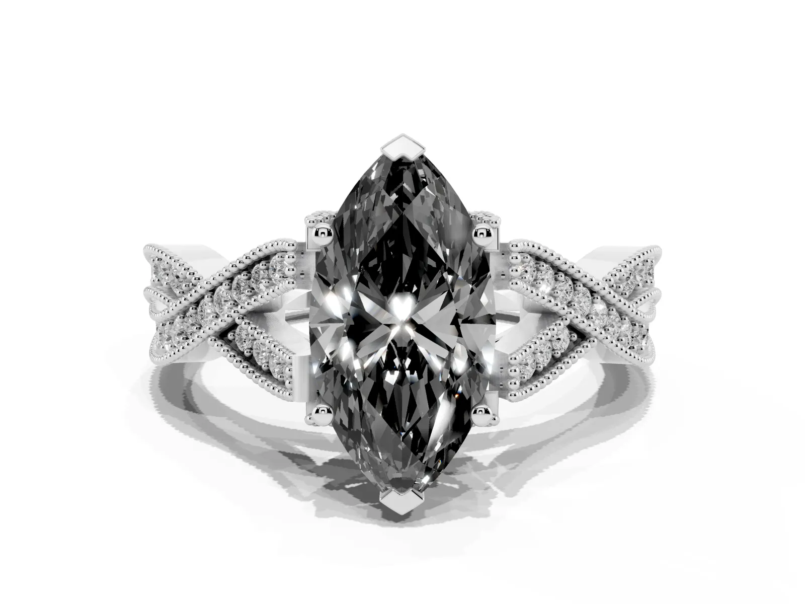 Fancy Black Marquise Cut Cut Diamond Twisted Band with Milgrain Pave Setting and Four-Prong Setting Platinum
