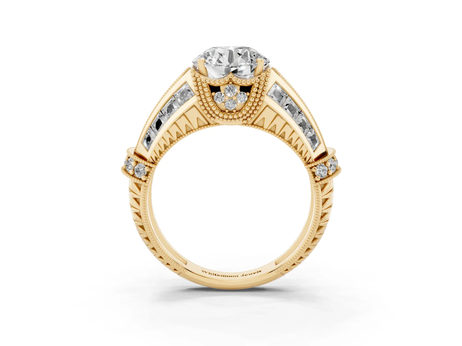 Vintage Milgrain Round Cut Diamond Split Shank Ring with Prong Setting Yellow gold