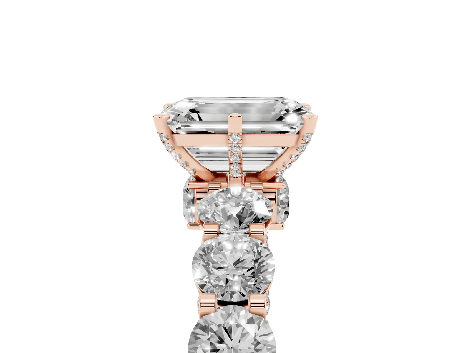 Emerald Cut Diamond Side Stone Engagement Ring with Four-Prong Setting Rose gold