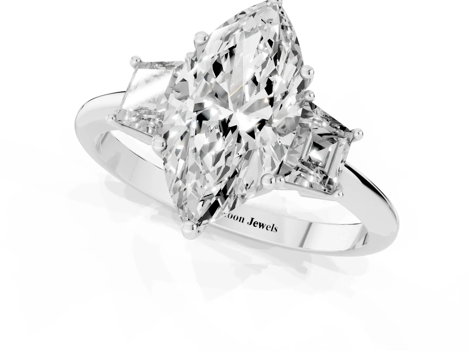 Marquise Cut Diamond Three-Stone Ring with Trapezoid Side Stones and Prong Setting Platinum