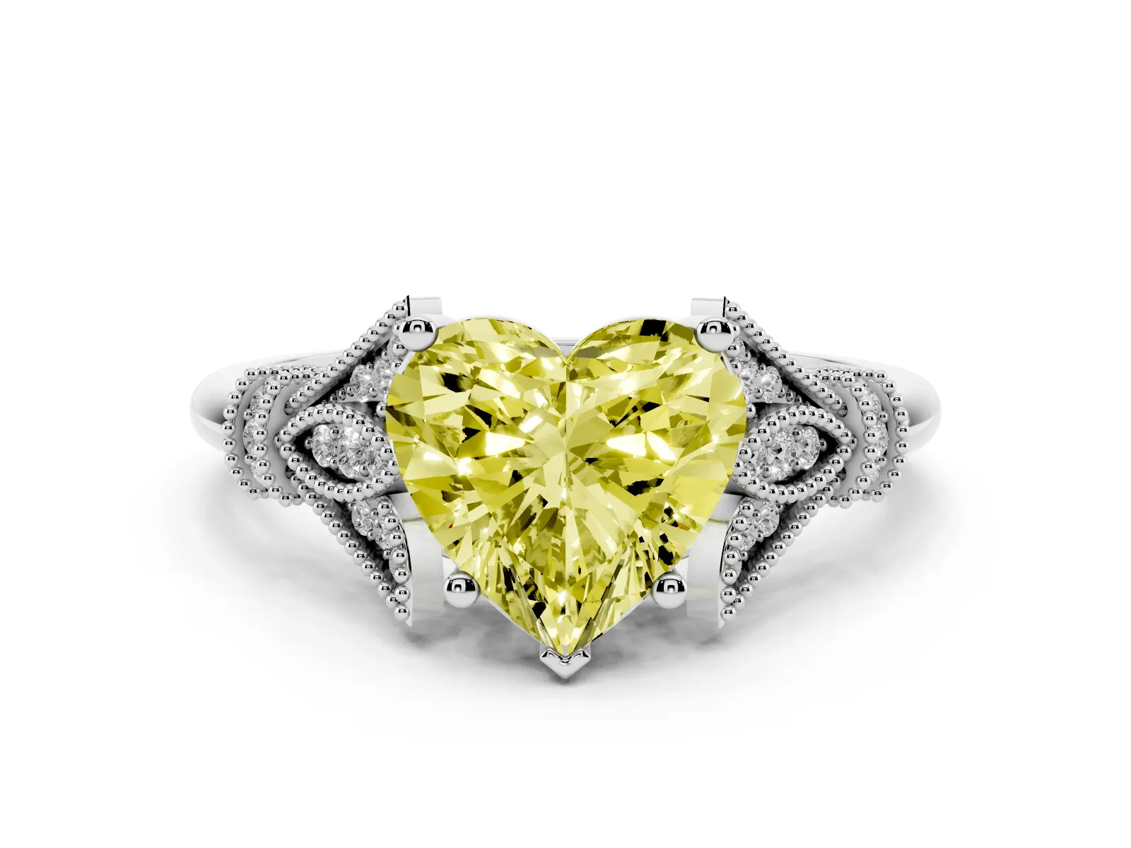 Fancy Yellow Heart Cut Diamond Solitaire Ring with Floral Filigree and Pave Accents Platinum