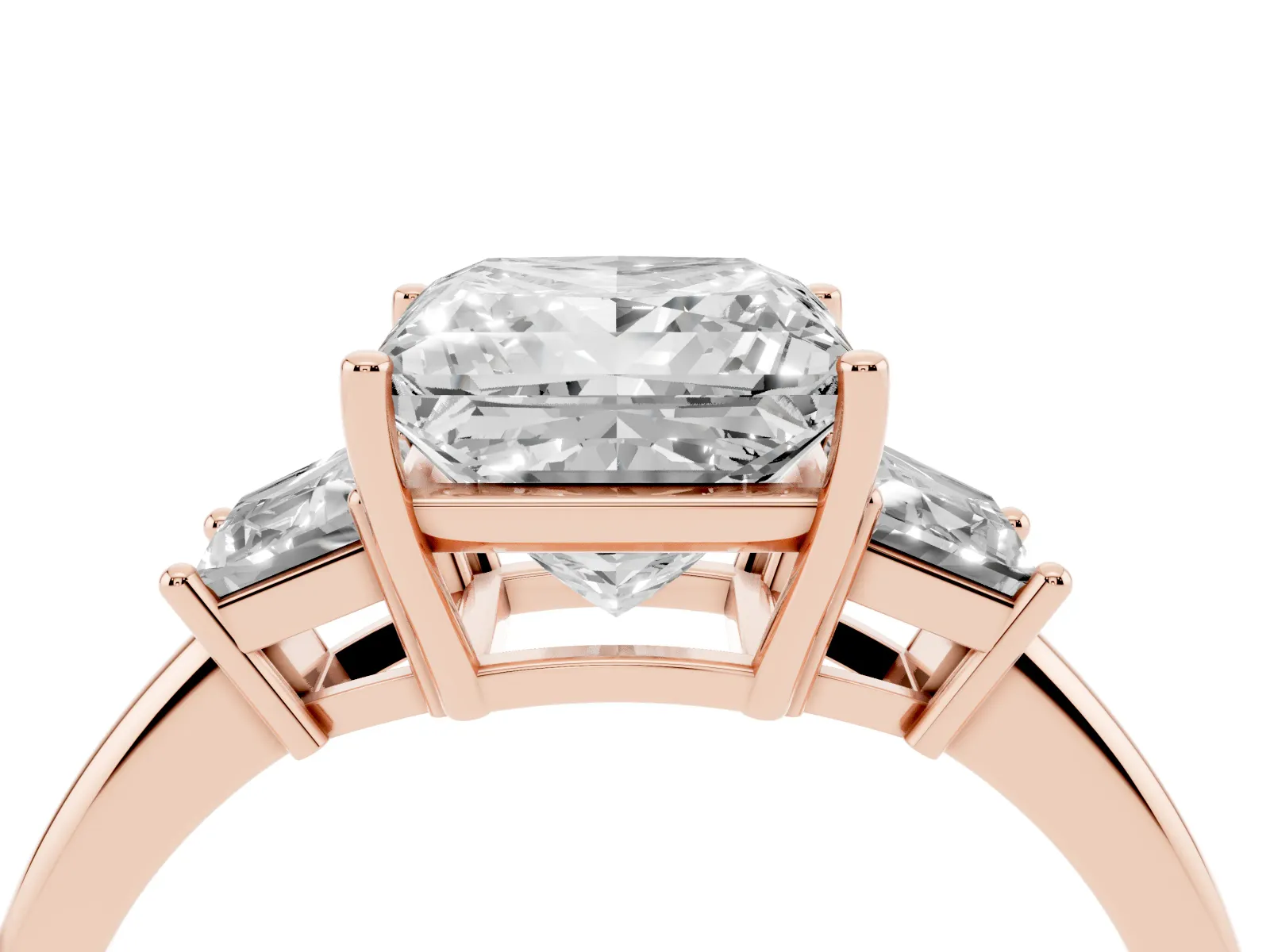 Princess Cut Diamond Three-Stone Ring with Trapezoid Side Stones and Prong Setting Rose gold