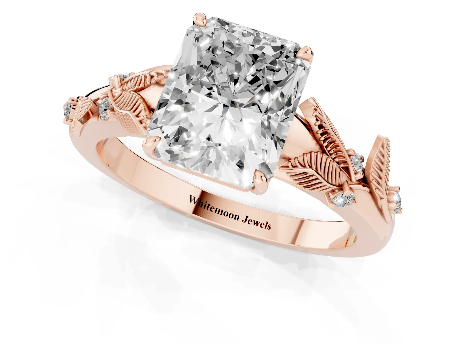 Radiant Cut Diamond Solitaire Ring with Leaf Motif Band and Four-Prong Setting Rose gold