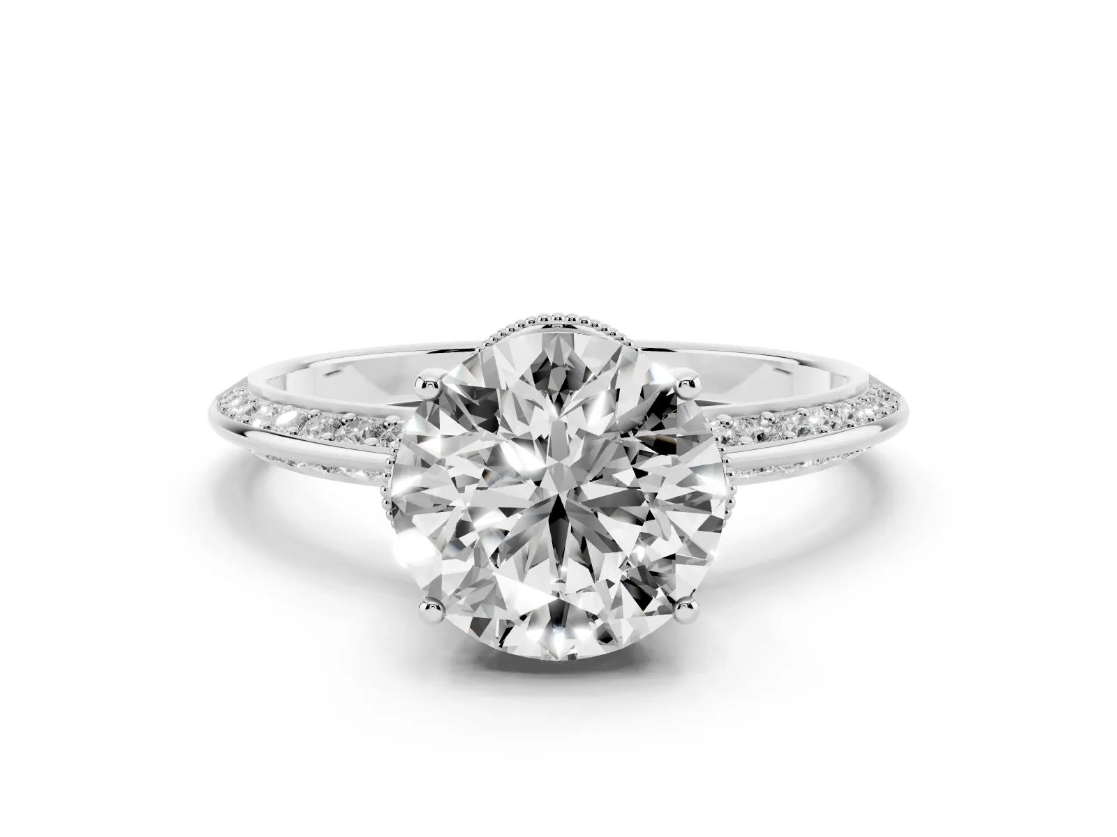 Round Cut Solitaire Split Shank Pave Diamond Engagement Ring with Four-Prong Setting Silver