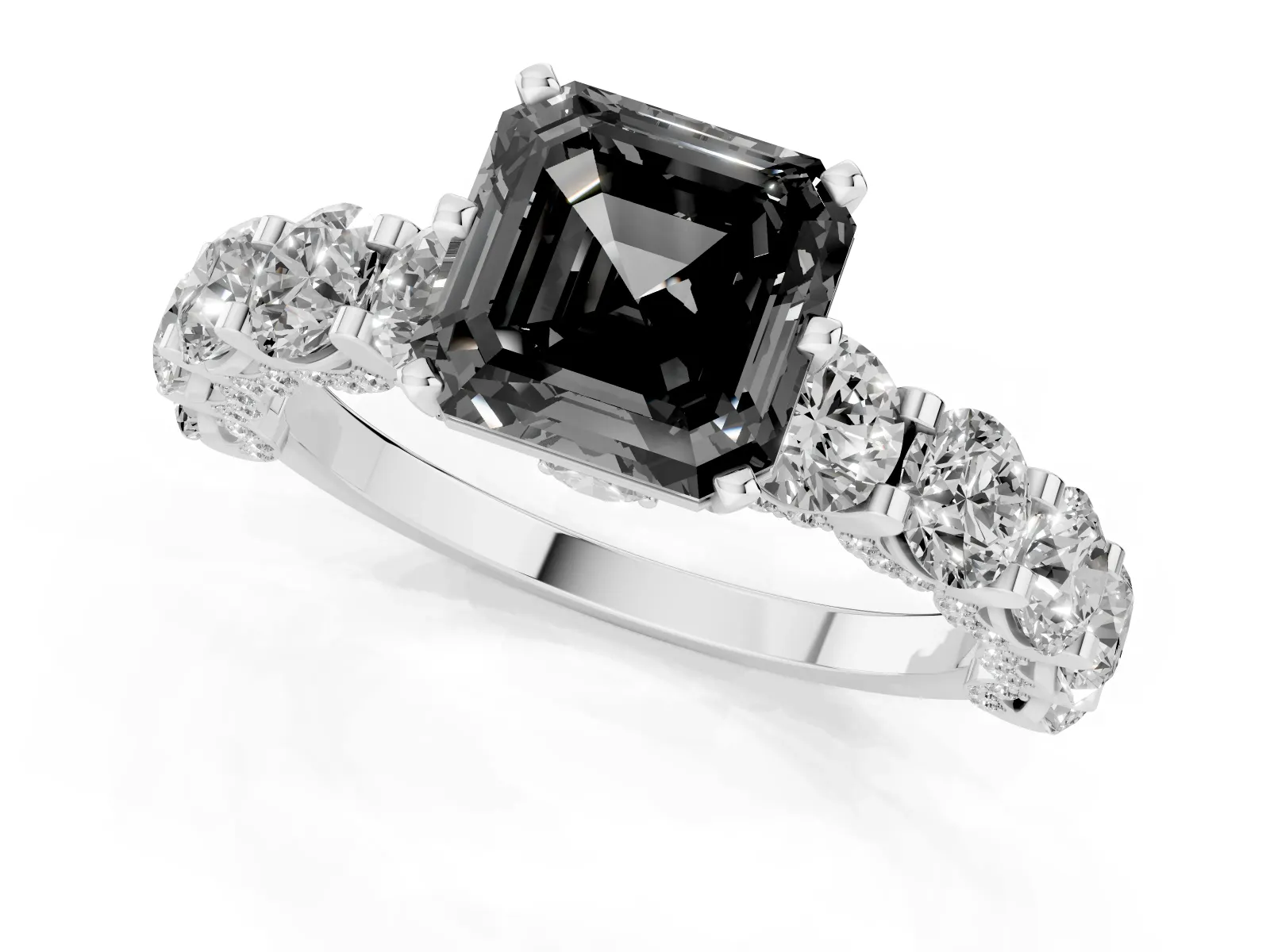 Fancy Black Asscher Cut Diamond Side Stone Engagement Ring with Four-Prong Setting Platinum