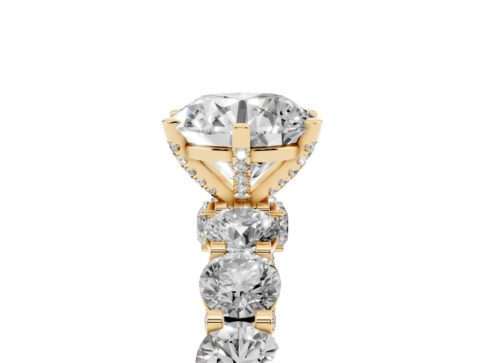 Round Cut Diamond Side Stone Engagement Ring with Four-Prong Setting Yellow gold