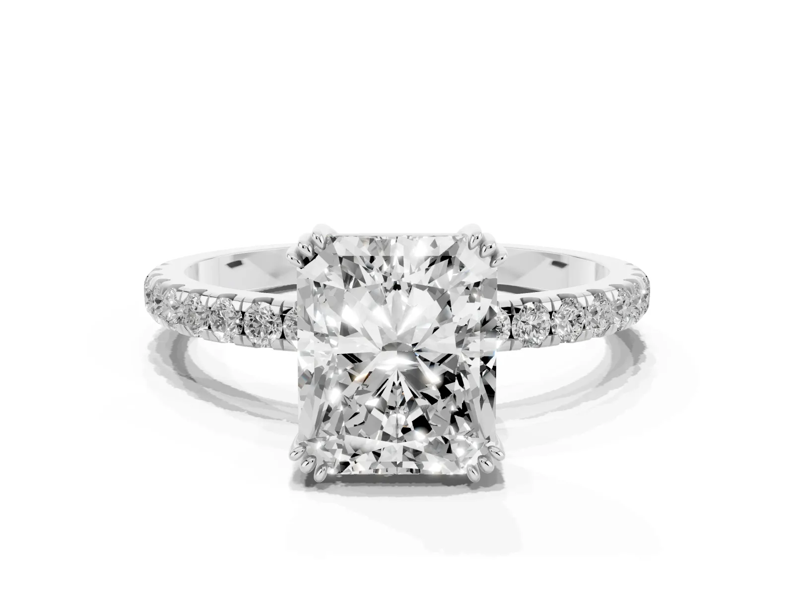 Radiant Cut Brilliant Solitaire with Pavé Band and Claw Prong Setting Silver